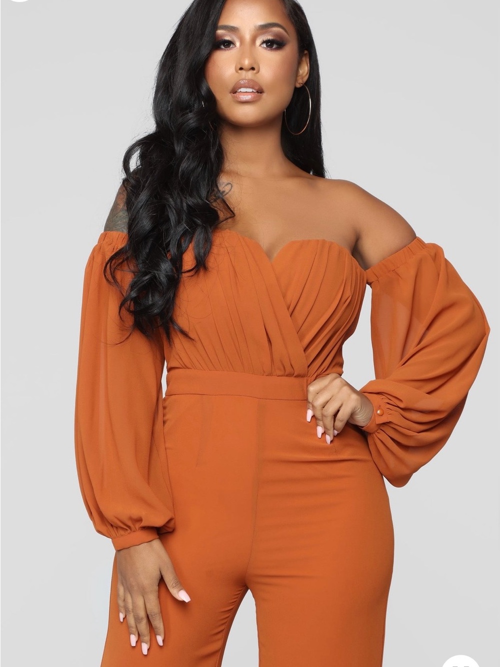 Women’s Fashion Nova Off-Shoulder Rust Jumpsuit with Balloon Sleeves